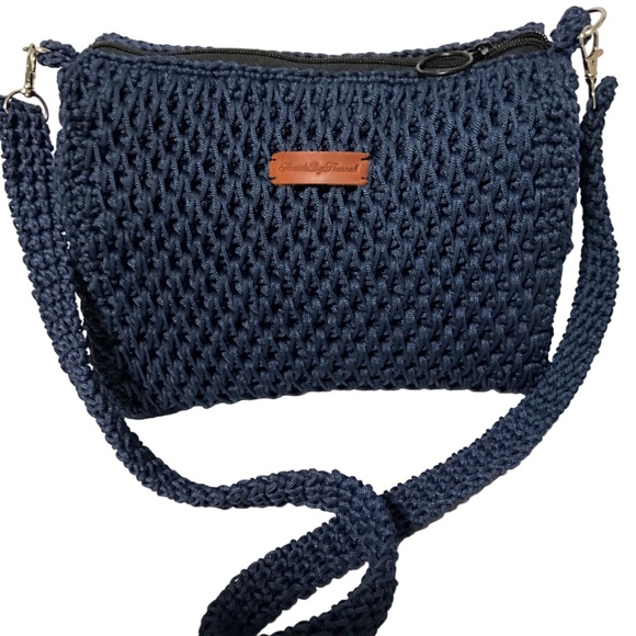 Handmade Blue Crochet Sling Handbag - Picture 1 of 7
